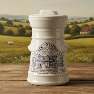 Vintage London Pottery Lidded Ceramic Blue White Stilton Cheese Jar Pot Bell Inn